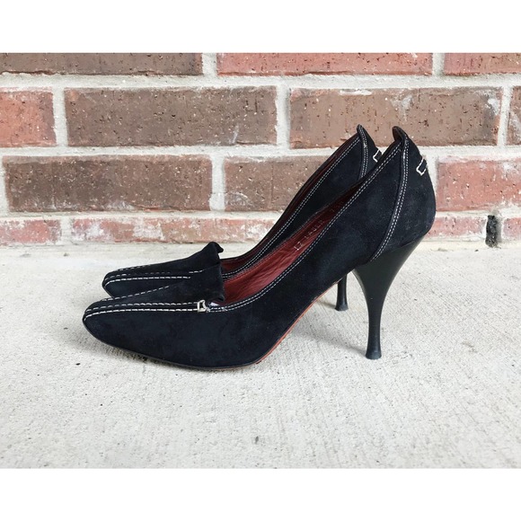 vtg 90s black SUEDE Donald J Pliner STILETTO HEELS 7.5 couture Italy square toe - Picture 8 of 10